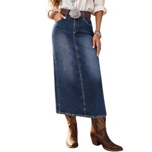 Stetson Medium Wash Western Cowgirl Preppy Back Slit Denim Maxi Skirt Size S